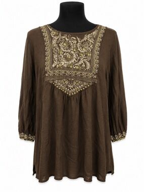 BROWN OLIVE GREEN SWEET MAGNOLIA BOHO LONG SLEEVE EMBROIDERED TOP